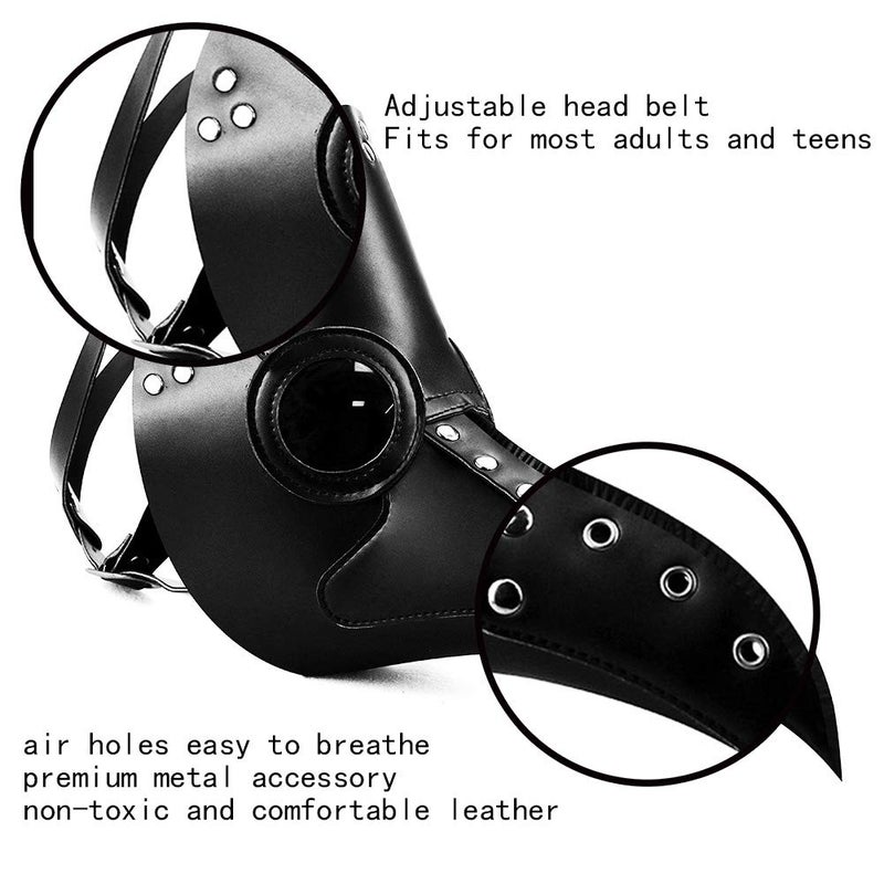 duduta Black PU Leather Plague Doctor Mask, Bird Death Mask Halloween Scary Costume Mask - Image 2